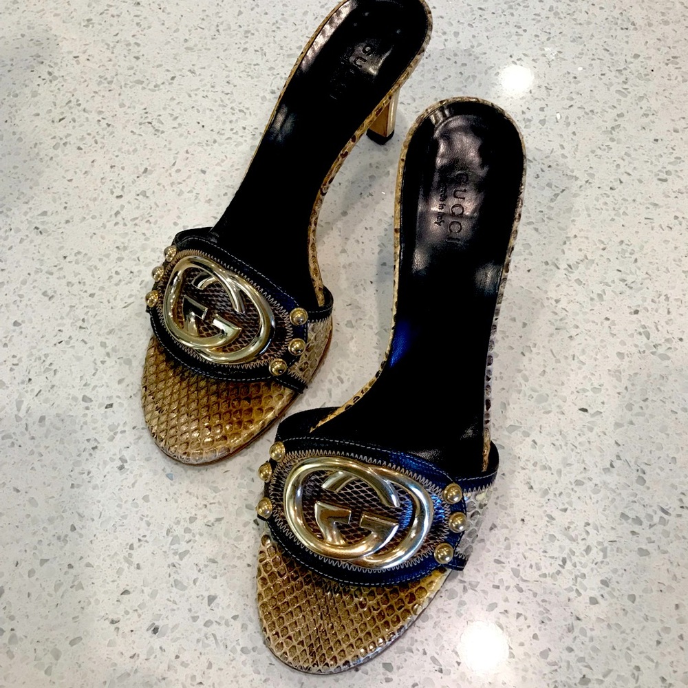 Gucci Gold and Black Snakeskin Leather Logo Slide Sandals
